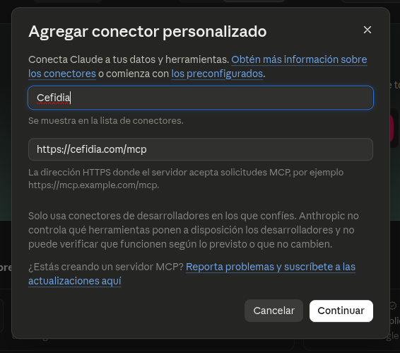 Ventana «Agregar conector personalizado» de Claude con el nombre Cefidia y la dirección https://cefidia.com/mcp.