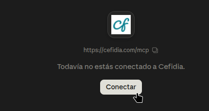 Página del conector Cefidia en Claude con el mensaje «Todavía no estás conectado a Cefidia» y el botón Conectar.